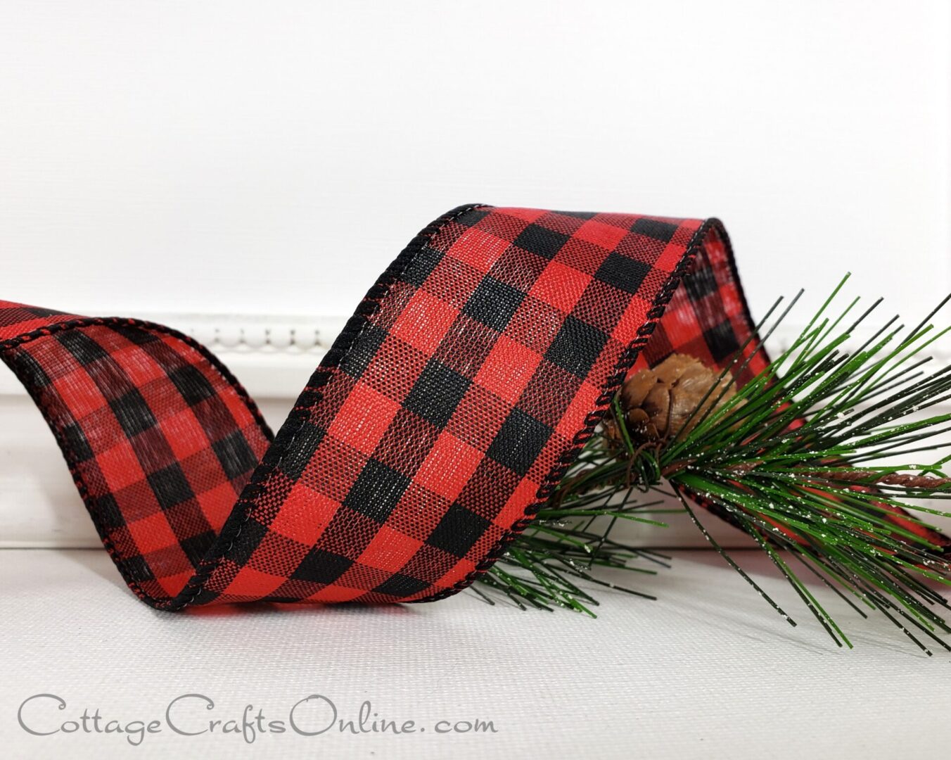 Red and black gingham check 1.5" wide wired ribbon from the Etsy shop of Cottage Crafts Online.