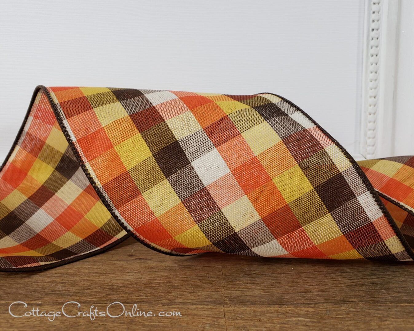 Candy corn orange yellow brown ivory check 4" wide wired ribbon from the Etsy shop of Cottage Crafts Online.