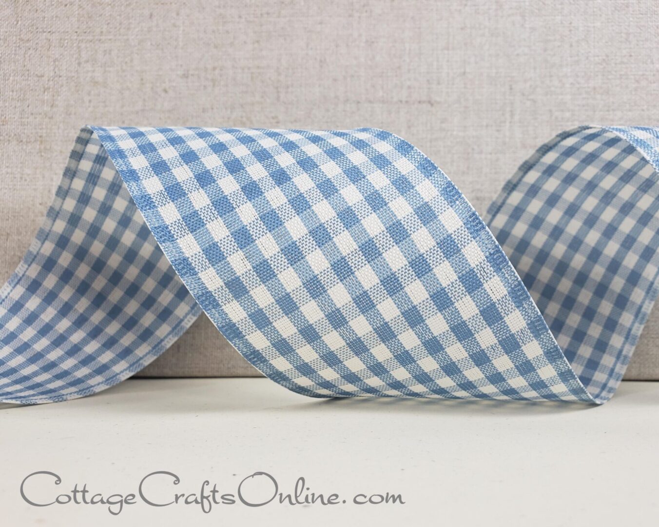 Farmhouse pale blue and ivory gingham check 2.5" wide wired ribbon from the Etsy shop of Cottage Crafts Online.