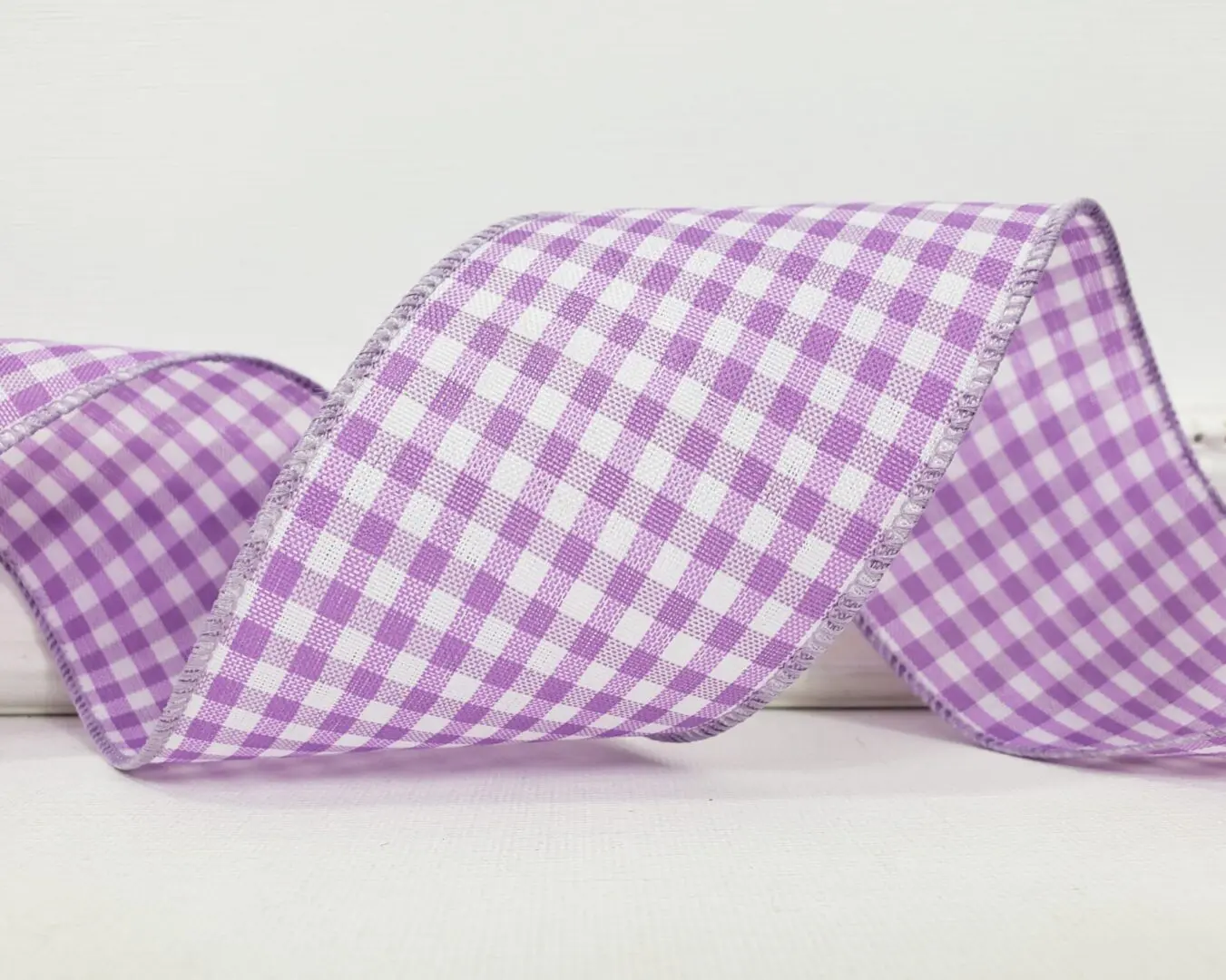 Lavender lilac purple and white gingham check 2.5" wide wired ribbon from the Etsy shop of Cottage Crafts Online.
