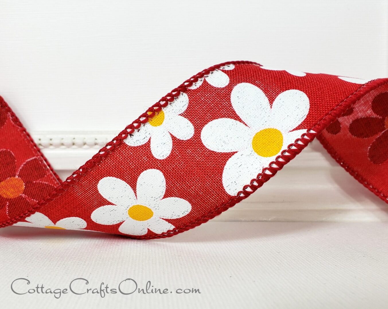 Pop daisies on red 1.5" wide wired ribbon from the Etsy shop of Cottage Crafts Online.