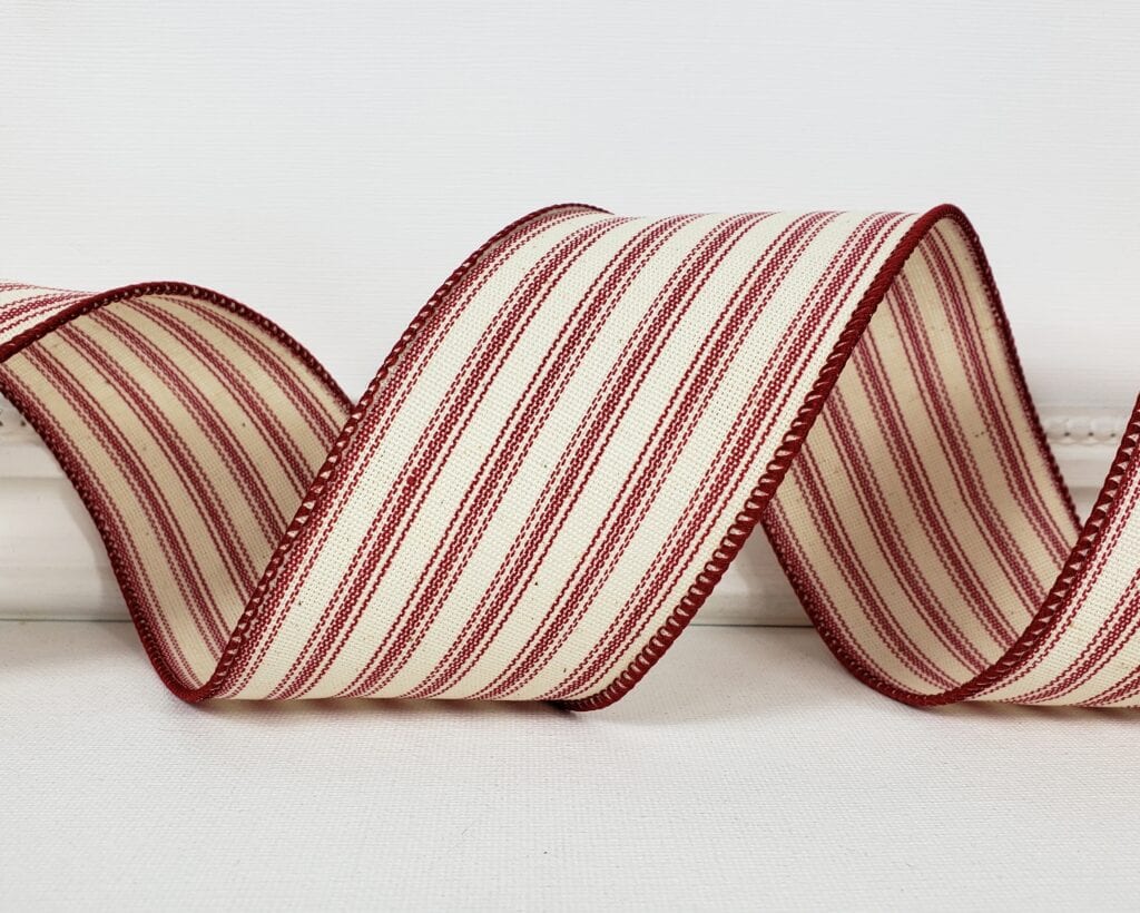 Burgundy and ivory ticking stripe 2.5" wide wired ribbon from the Etsy shop of Cottage Crafts Online.