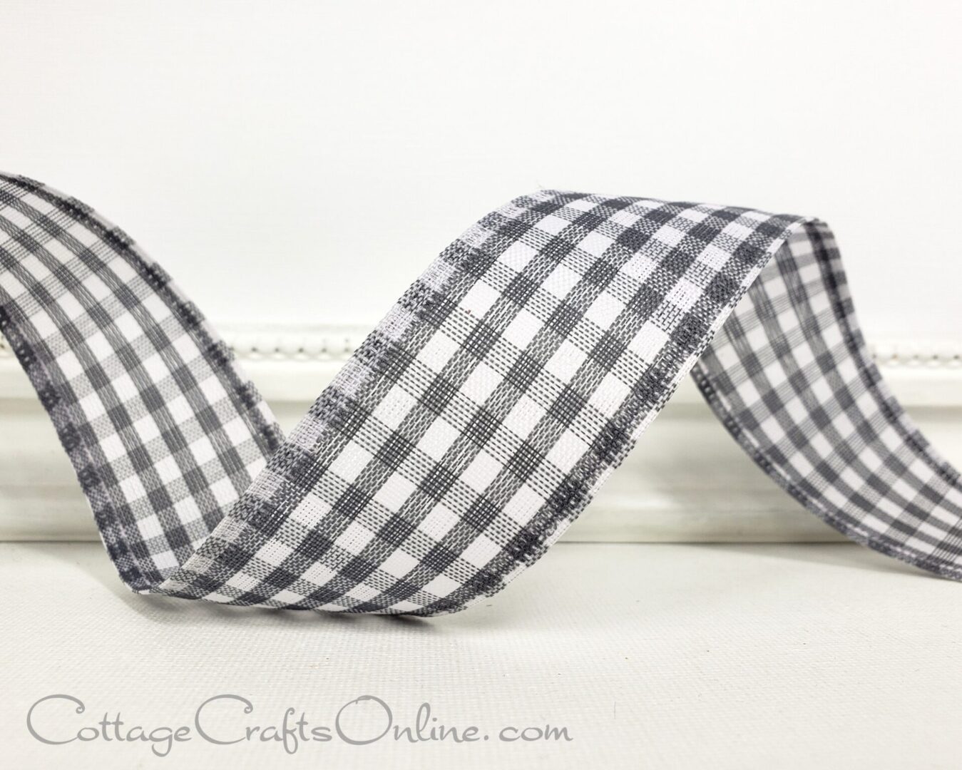 Grey and white gingham check 1.5" wide wired ribbon from the Etsy shop of Cottage Crafts Online.