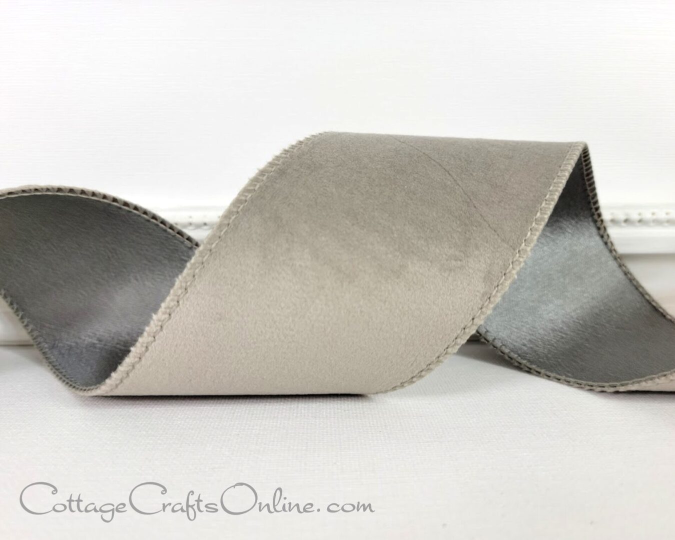 Slate stone grey velvet with taffeta back 2.5" wide wired ribbon from the Etsy shop of Cottage Crafts Online.