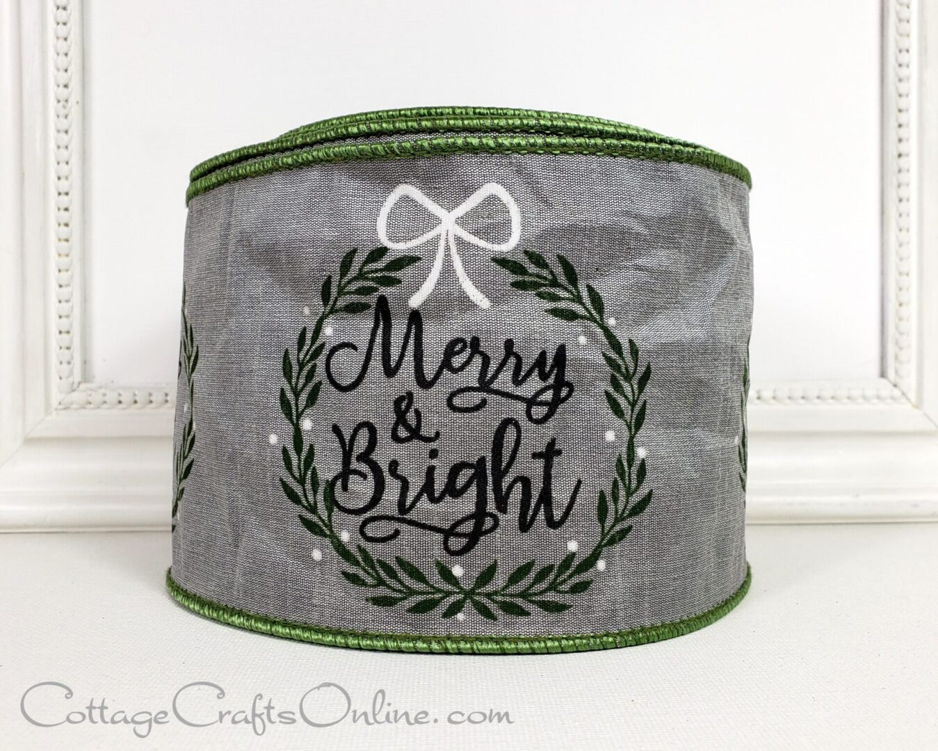 Merry & Bright script with wreath on silver grey 4" wide wired ribbon from the Etsy shop of Cottage Crafts Online.