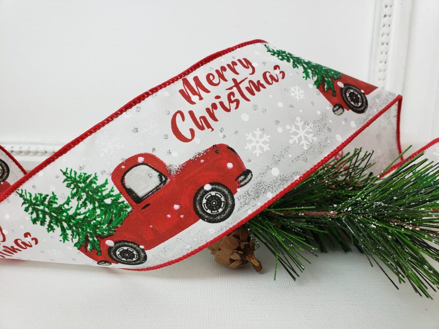 Christmas trees in red vintage trucks 2.5" wired ribbon from the Etsy shop of Cottage Crafts Online.