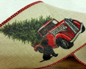 Christmas Tree Dog and Truck 4" wide wired ribbon from the Etsy shop of Cottage Crafts Online.