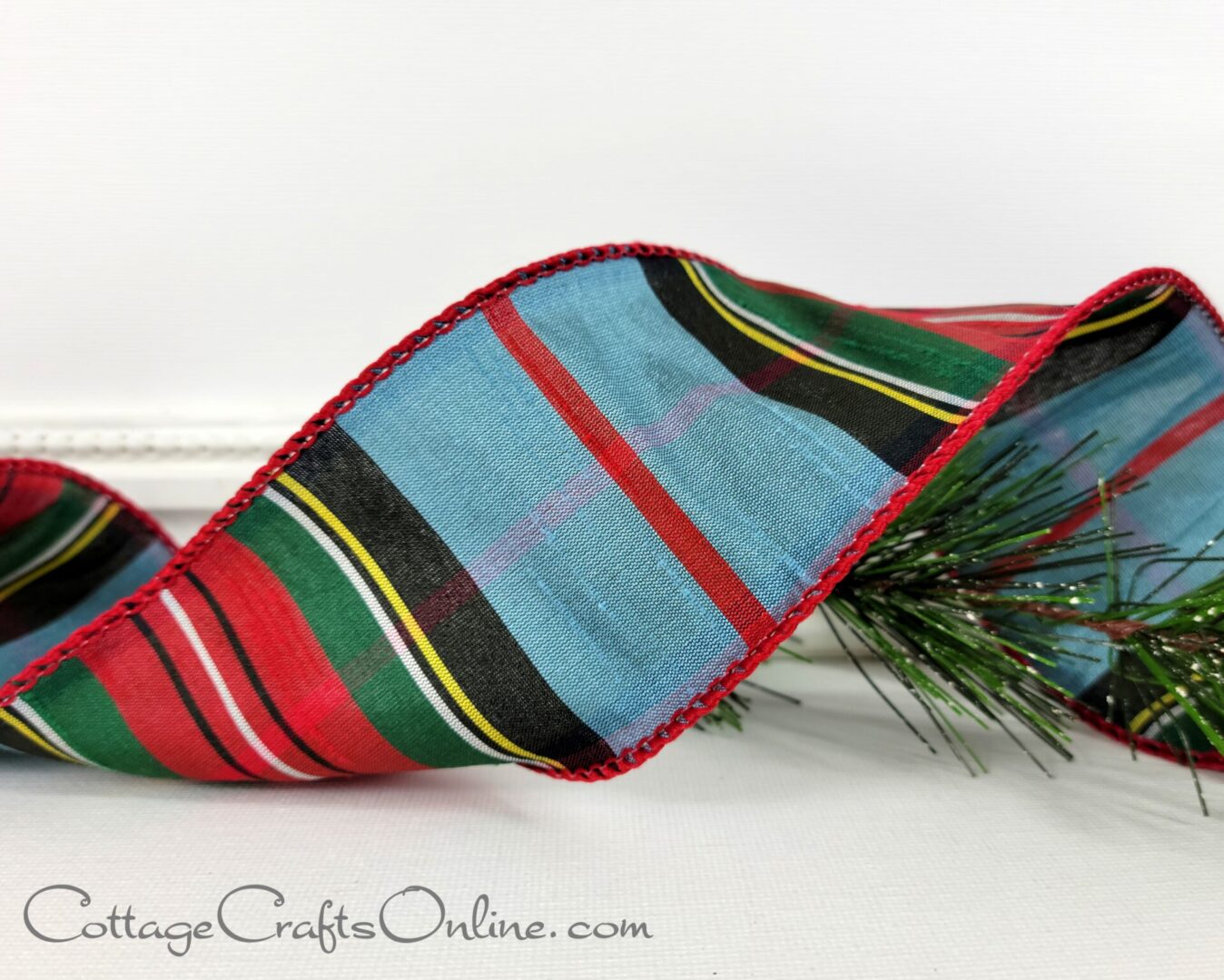 Horizontal stripes blue red green black with narrow yellow white 2.5" wide wired ribbon from the Etsy shop of Cottage Crafts Online.