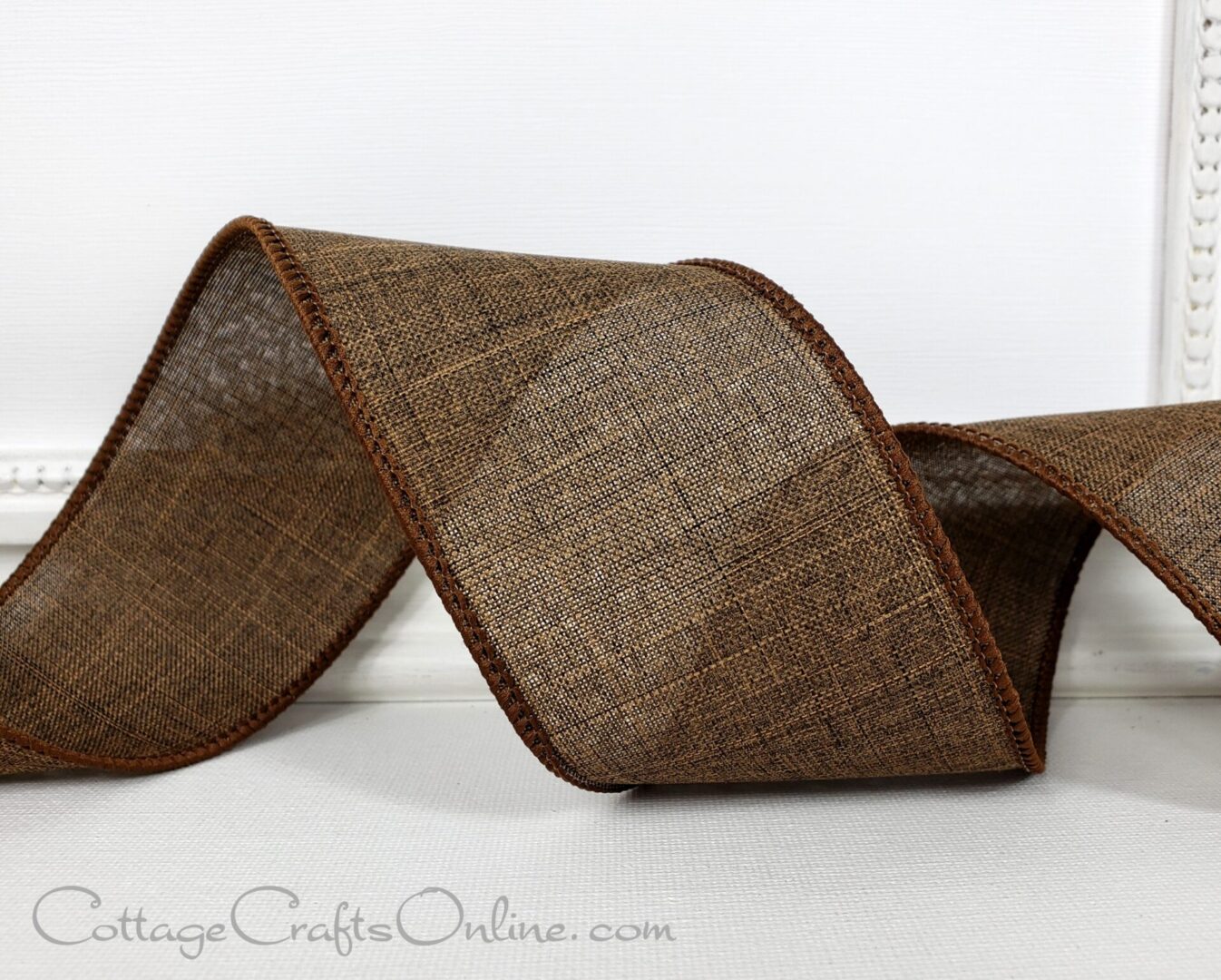 Bark brown heathered faux linen 2.5" wide wired ribbon from the Etsy shop of Cottage Crafts Online.