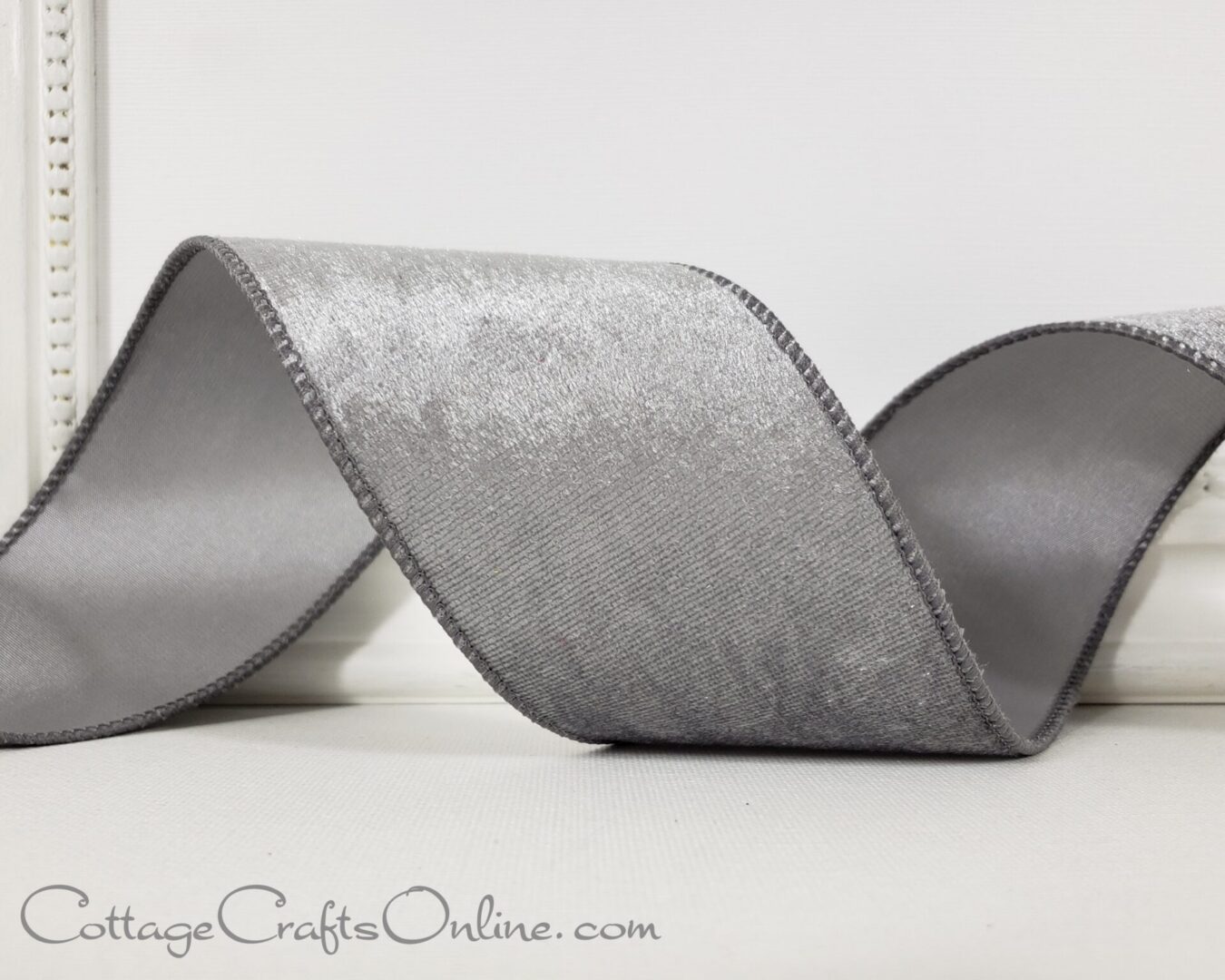 Silver velvet with silver grey satin back 2.5" wide wired ribbon from the Etsy shop of Cottage Crafts Online.