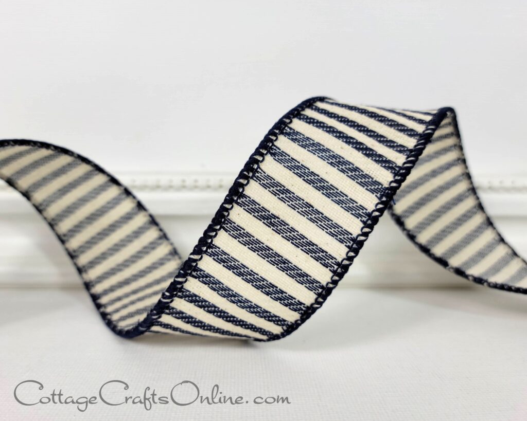 Navy blue and ivory horizontal ticking stripe 1.5" wide wired ribbon from the Etsy shop of Cottage Crafts Online.
