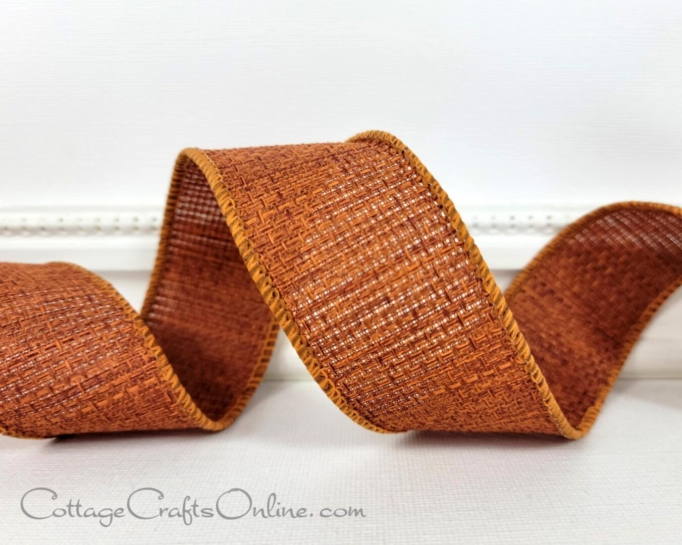 Copper rust open weave hopsack 1.5" wide wired ribbon from the Etsy shop of Cottage Crafts Online.