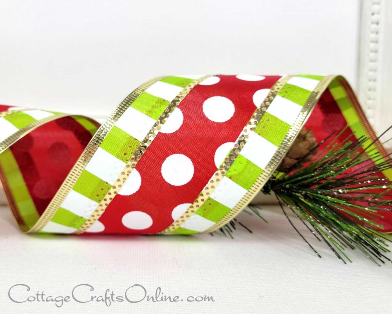 White dots on red with lime green and white striped edge 2.5" wide wired ribbon from the Etsy shop of Cottage Crafts Online.
