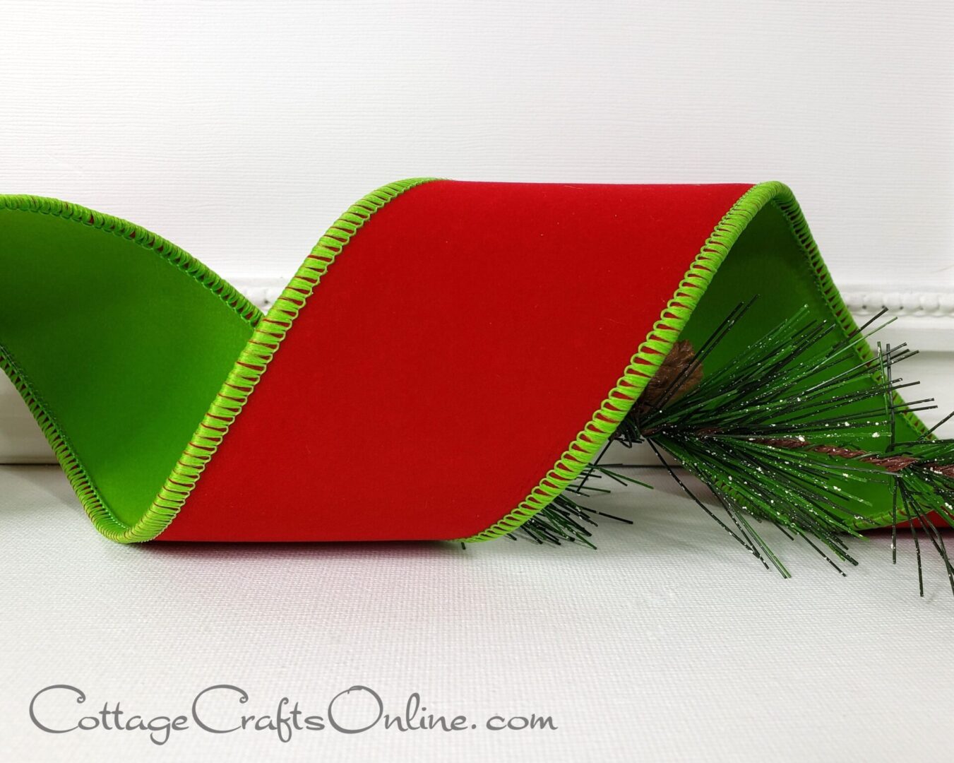 Dual-sided red velvet with lime green back 2.5" wide wired ribbon from the Etsy shop of Cottage Crafts Online.