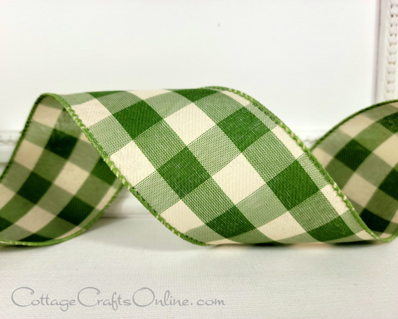 Plaid moss dark olive green ivory check 2.5" wide wired ribbon from the Etsy shop of Cottage Crafts Online.