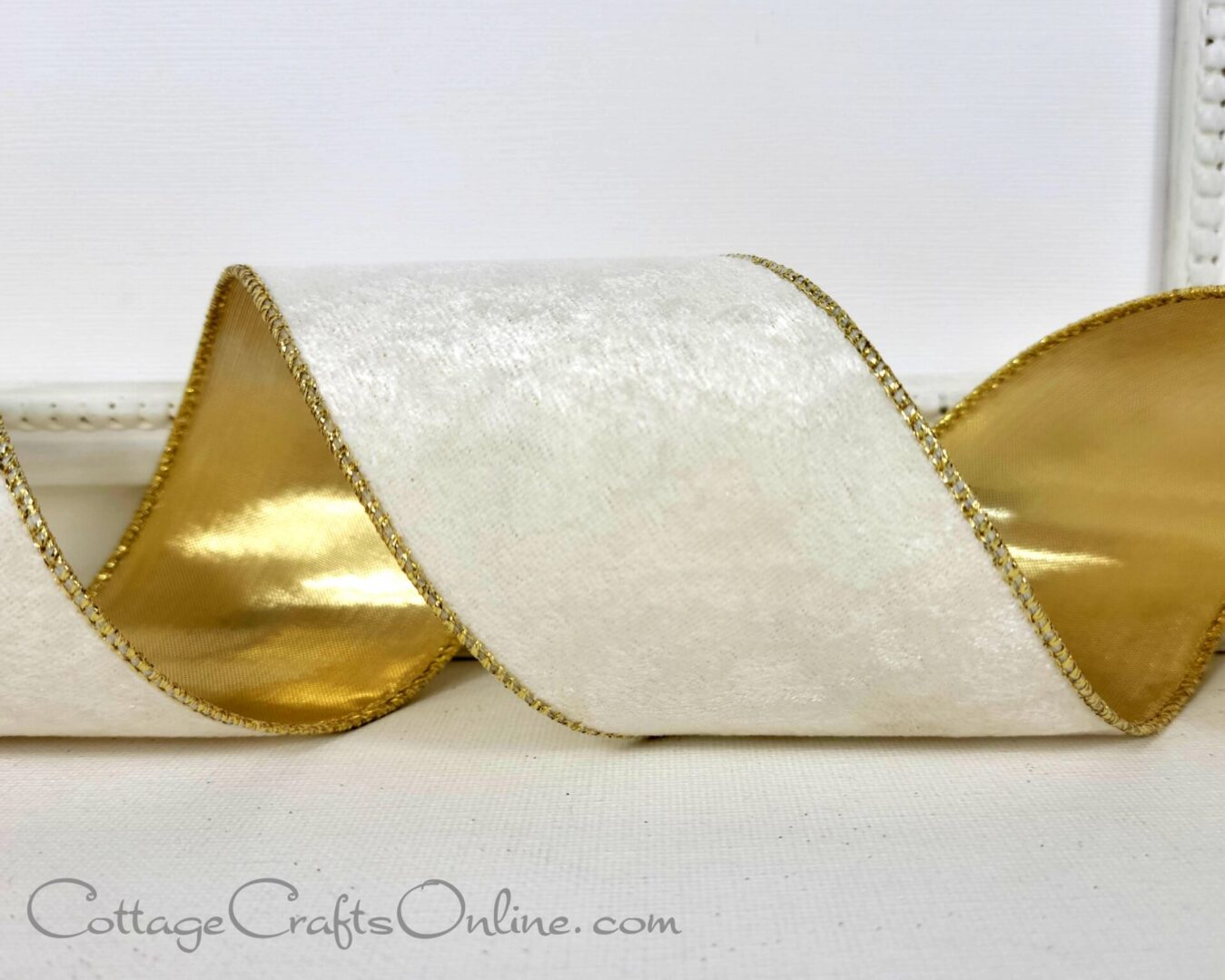 Brushed ivory velvet with gold back 2.5" wide wired ribbon from the Etsy shop of Cottage Crafts Online.