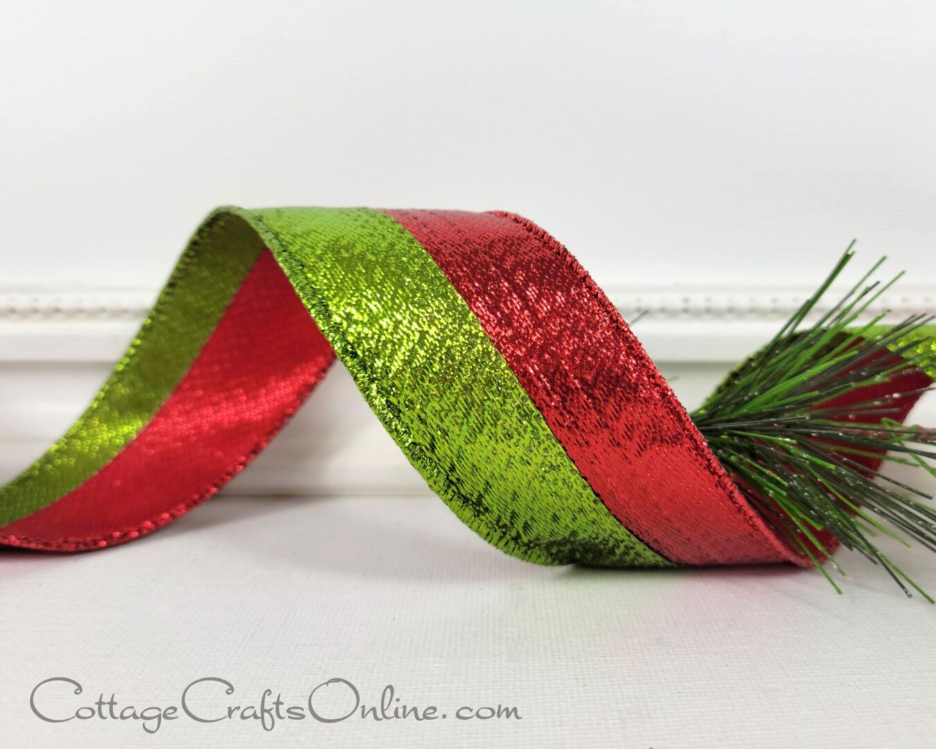 Lime green and red metallic stripe duet 1.5" wide wired ribbon from the Etsy shop of Cottage Crafts Online.