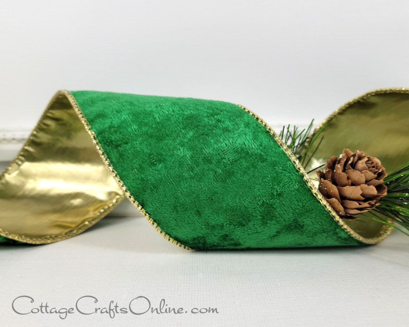 Emerald green velvet with gold back 2.5" wide wired ribbon from the Etsy shop of Cottage Crafts Online.