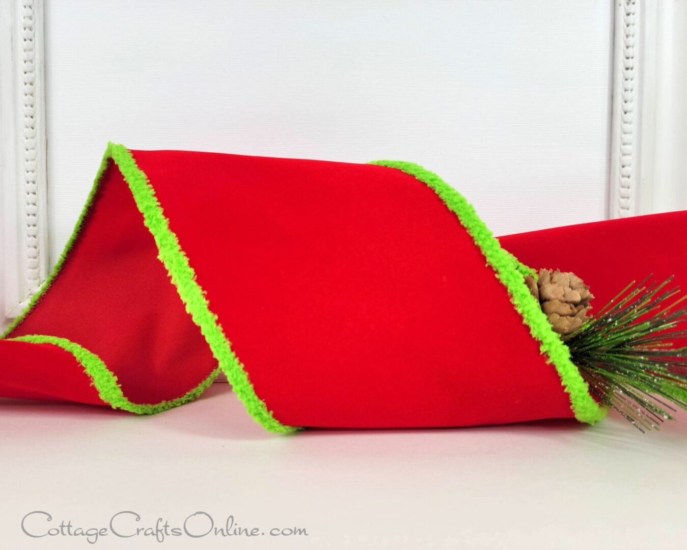 Red velvet with lime green chenille edge 4" wide wired ribbon from the Etsy shop of Cottage Crafts Online.