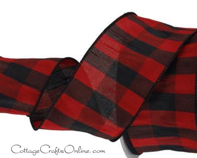 Faux silk red black plaid check 2.5" wide wired ribbon from the Etsy shop of Cottage Crafts Online.