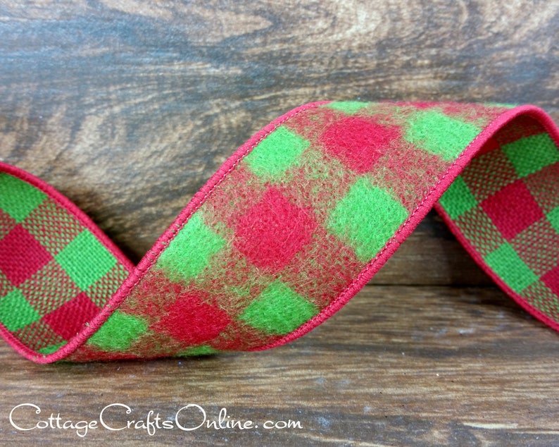 Brushed flannel lime green red 1.5" wide wired ribbon from the Etsy shop of Cottage Crafts Online.