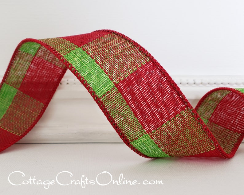 Bold red lime green buffalo check 1.5" wide wired ribbon from the Etsy shop of Cottage Crafts Online.