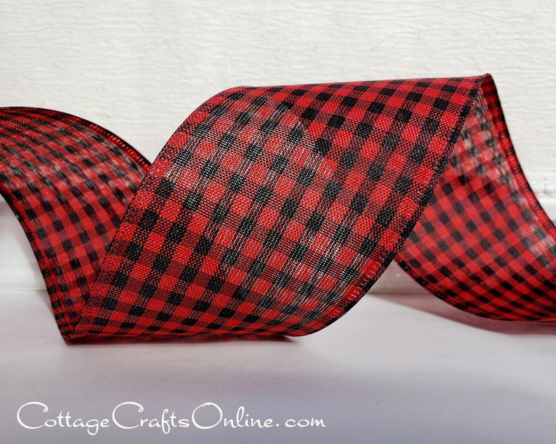 Red and black gingham check 4" wide wired ribbon from the Etsy shop of Cottage Crafts Online.
