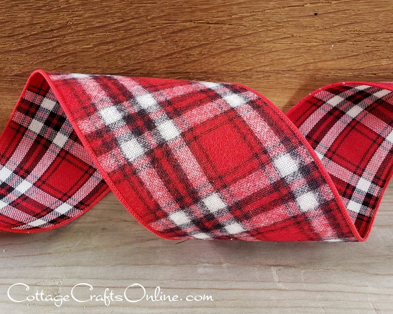 Brushed flannel red white black plaid Red and black gingham check 4" wide wired ribbon from the Etsy shop of Cottage Crafts Online.