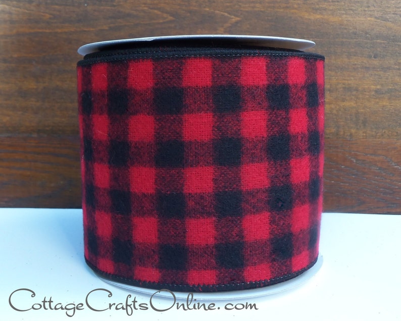Fuzzy flannel red black mini buffalo check 4" wide wired ribbon from the Etsy shop of Cottage Crafts Online.