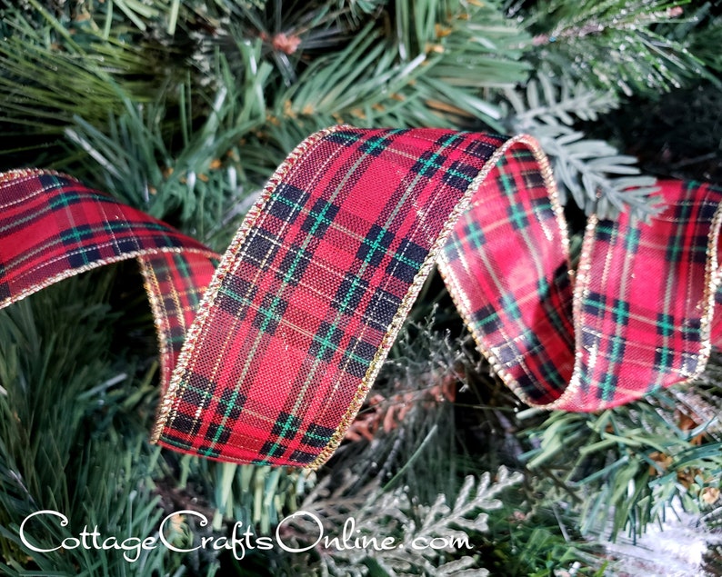 Traditional plaid red black green gold 1.5" wide wired ribbon from the Etsy shop of Cottage Crafts Online.