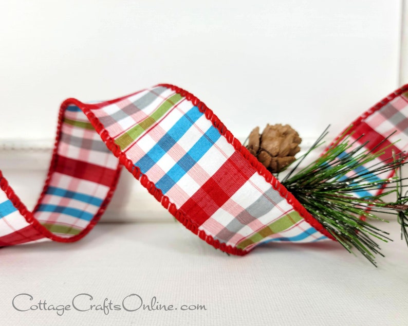 Blue, olive green, red, and white plaid 1.5" wide wired ribbon from the Etsy shop of Cottage Crafts Online.