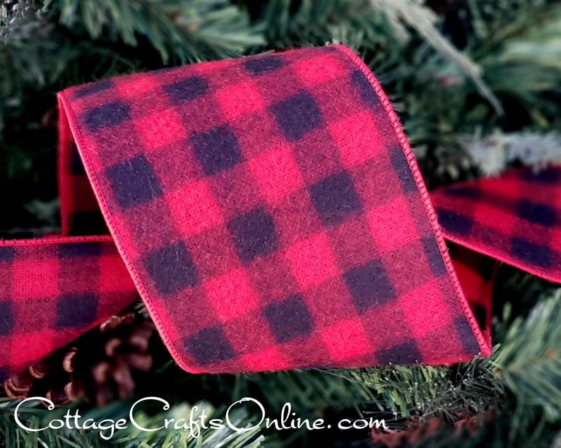 Flannel red black buffalo check 4" wide wired ribbon from the Etsy shop of Cottage Crafts Online.