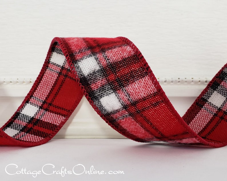 Fuzzy flannel red white 1.5" wide wired ribbon from the Etsy shop of Cottage Crafts Online.