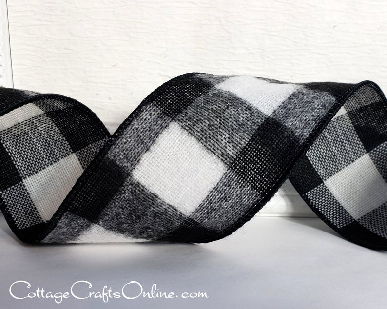 Fuzzy bold black and white buffalo check 2.5" wide wired ribbon from the Etsy shop of Cottage Crafts Online.