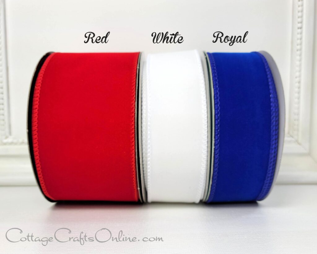 shows three wired ribbons, red velvet, white velvet, royal blue velvet