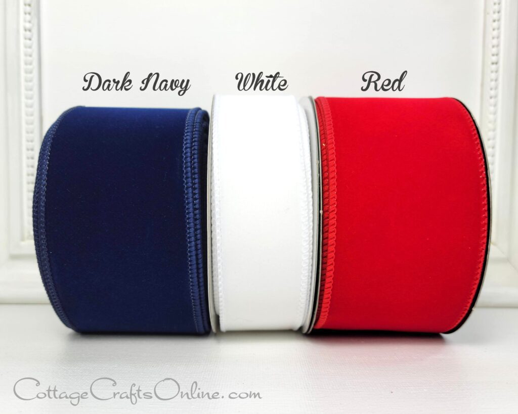 shows dark navy velvet ribbon, white velvet ribbon, red velvet ribbon
