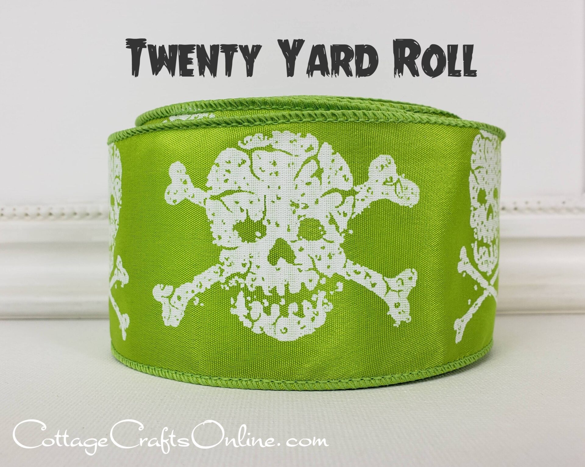 Skull and Crossbones Lime Green Halloween Wired Ribbon