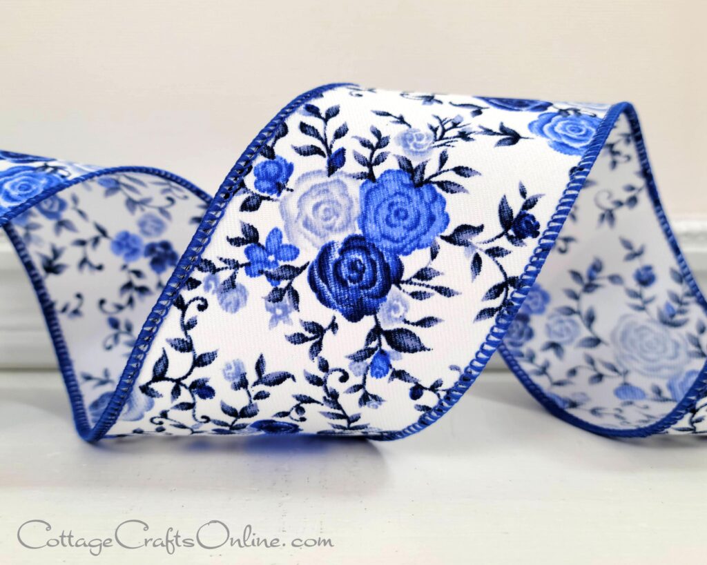wired ribbon with small rose floral pattern in three shades of blue