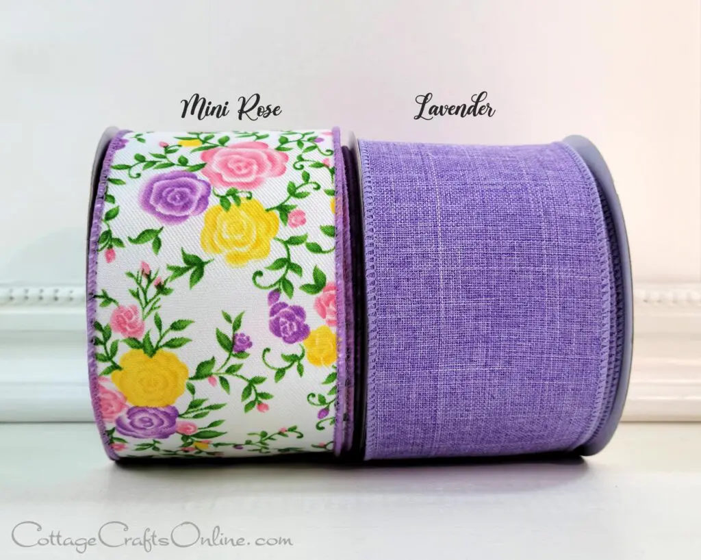 Two new rolls of purple and yellow floral ribbon blooming with beauty.
