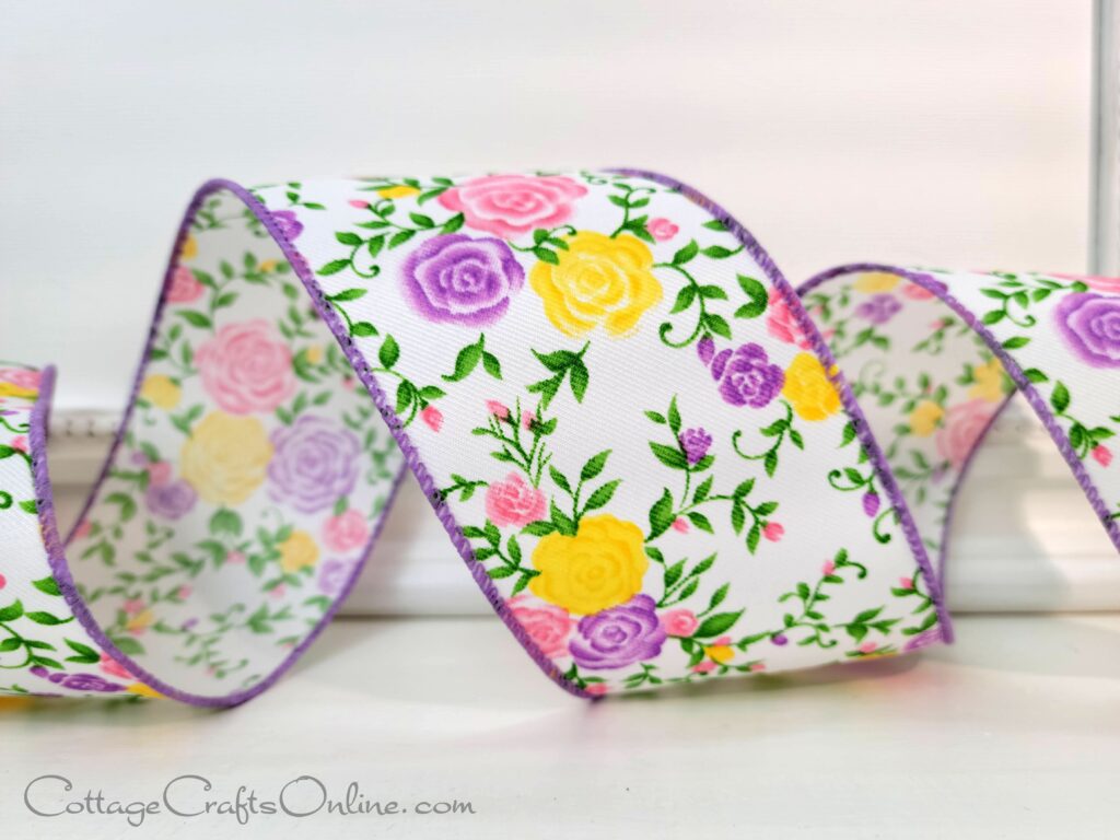 wired ribbon with small rose floral pattern in yellow lavender purple and pink
