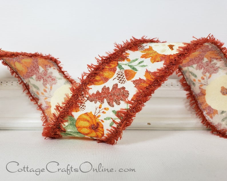 Pumpkins and leaves on cream with fuzzy rust orange edge 1.5" wide wired ribbon from the Etsy shop of Cottage Crafts Online.