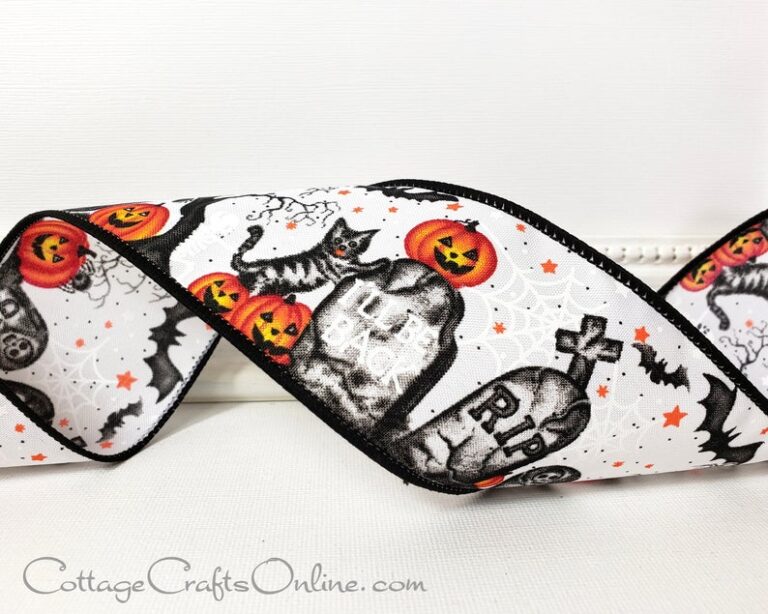 Halloween cats bats and pumpkins play in starry graveyard 2.5" wide wired ribbon from the Etsy shop of Cottage Crafts Online.