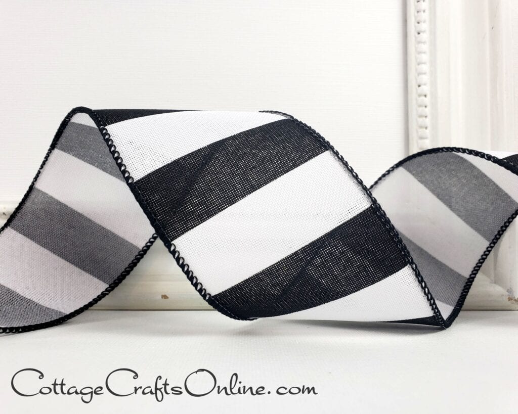 Wide black white horizontal stripes 2.5" wide wired ribbon from the Etsy shop of Cottage Crafts Online.