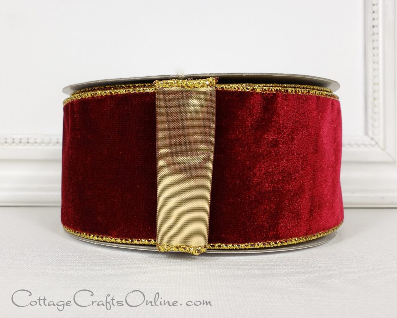 Plush burgundy red velvet with gold lame back 2.5" wide wired ribbon from the Etsy shop of Cottage Crafts Online.