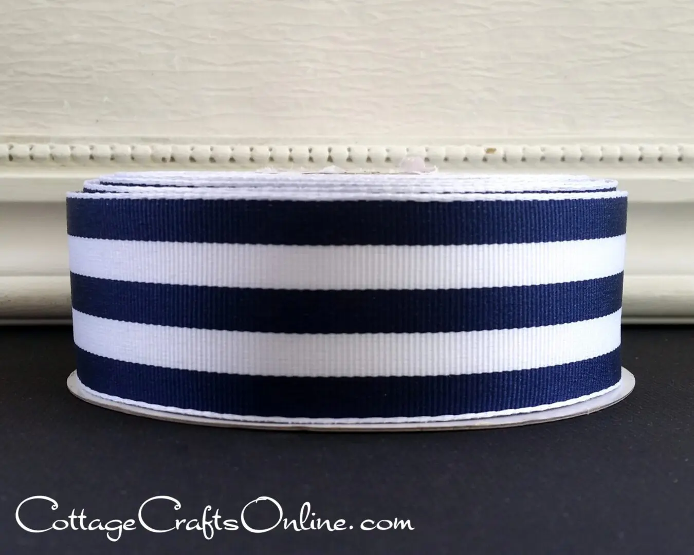 Carnival navy blue and white stripes grosgrain 1.5" wide wired ribbon from the Etsy shop of Cottage Crafts Online.