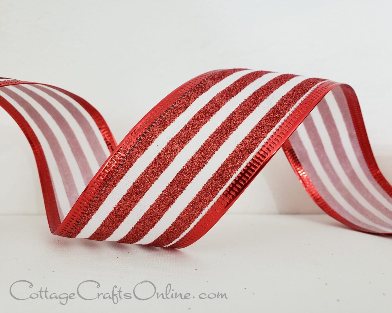 Glitter red and white stripes with metallic edge 1.5" wired ribbon from the Etsy shop of Cottage Crafts Online.
