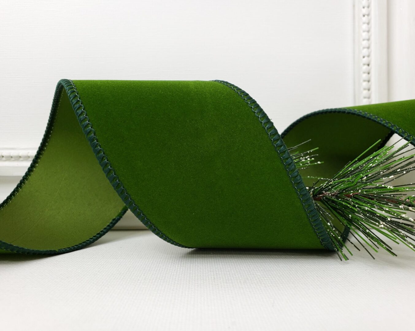 Moss dark green velvet 2.5" wide wired ribbon from the Etsy shop of Cottage Crafts Online.