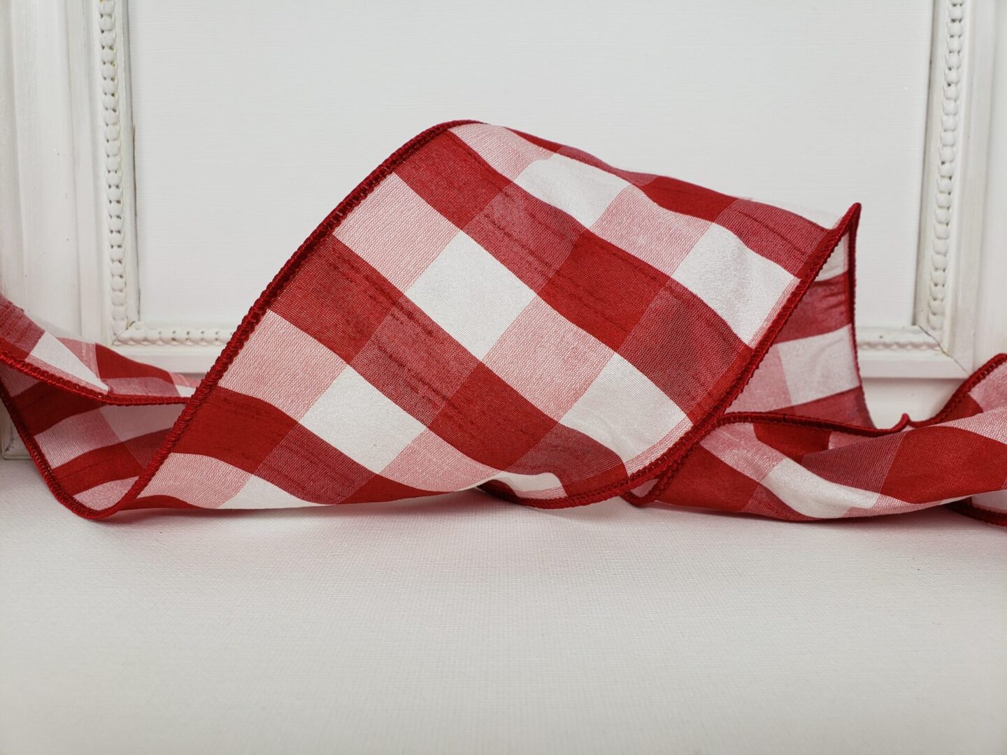 Red and white oversized check 4" wide wired ribbon from the Etsy shop of Cottage Crafts Online.