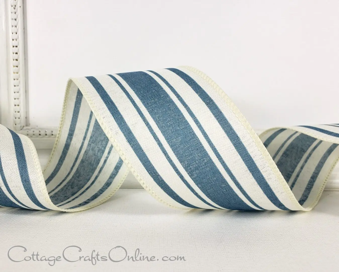 Farmhouse stripe blue ivory 2.5" wide wired ribbon from the Etsy shop of Cottage Crafts Online.