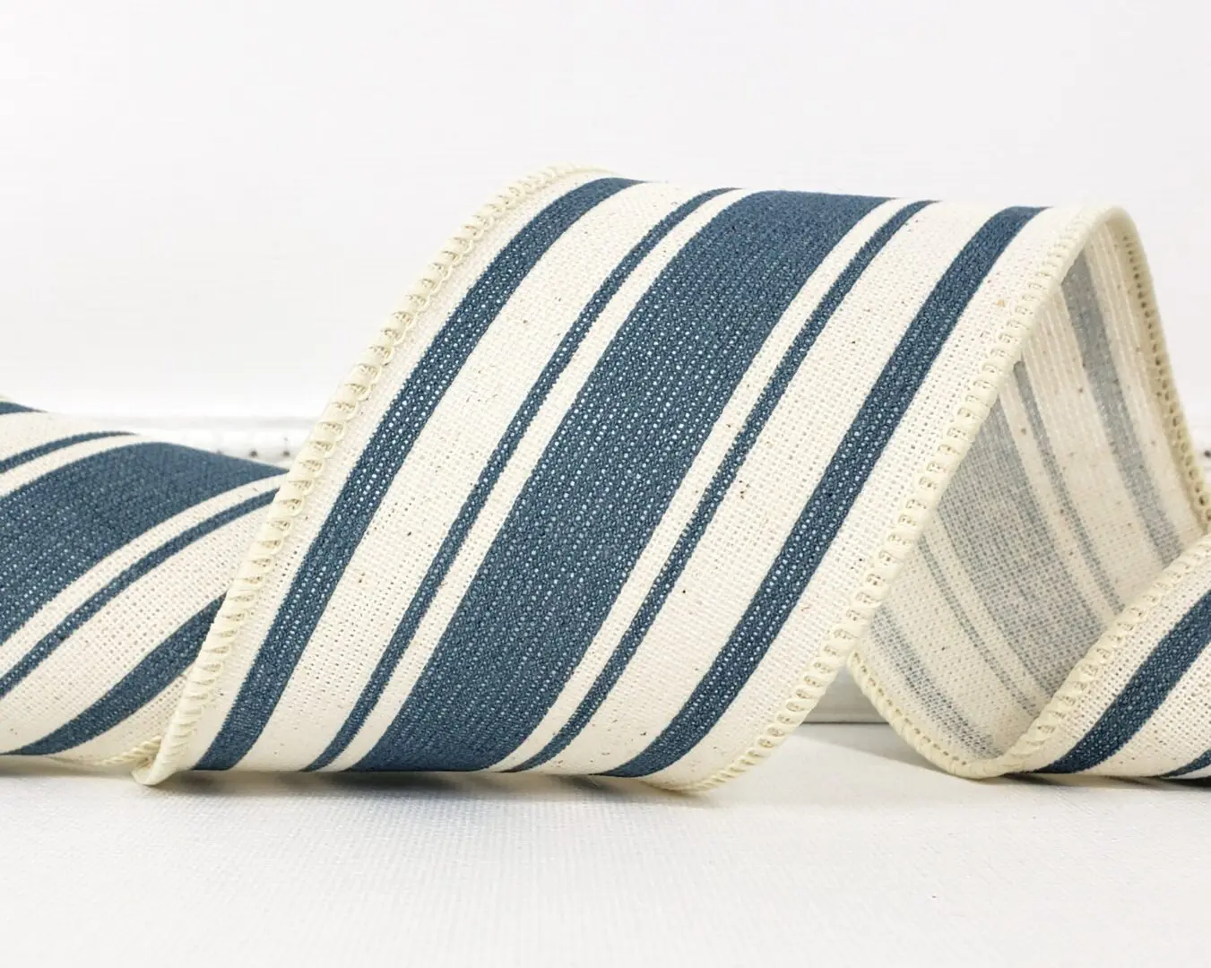 Farmhouse stripe blue ivory 2.5" wide wired ribbon from the Etsy shop of Cottage Crafts Online.